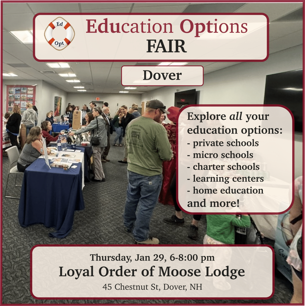People milling around tables at an education fair