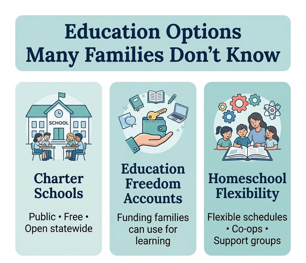 Graphic titled “Education Options Many Families Don’t Know” showing three choices: Charter Schools (public, free, open statewide), Education Freedom Accounts (funding families can use for learning), and Homeschool Flexibility (flexible schedules, co-ops, support groups)
