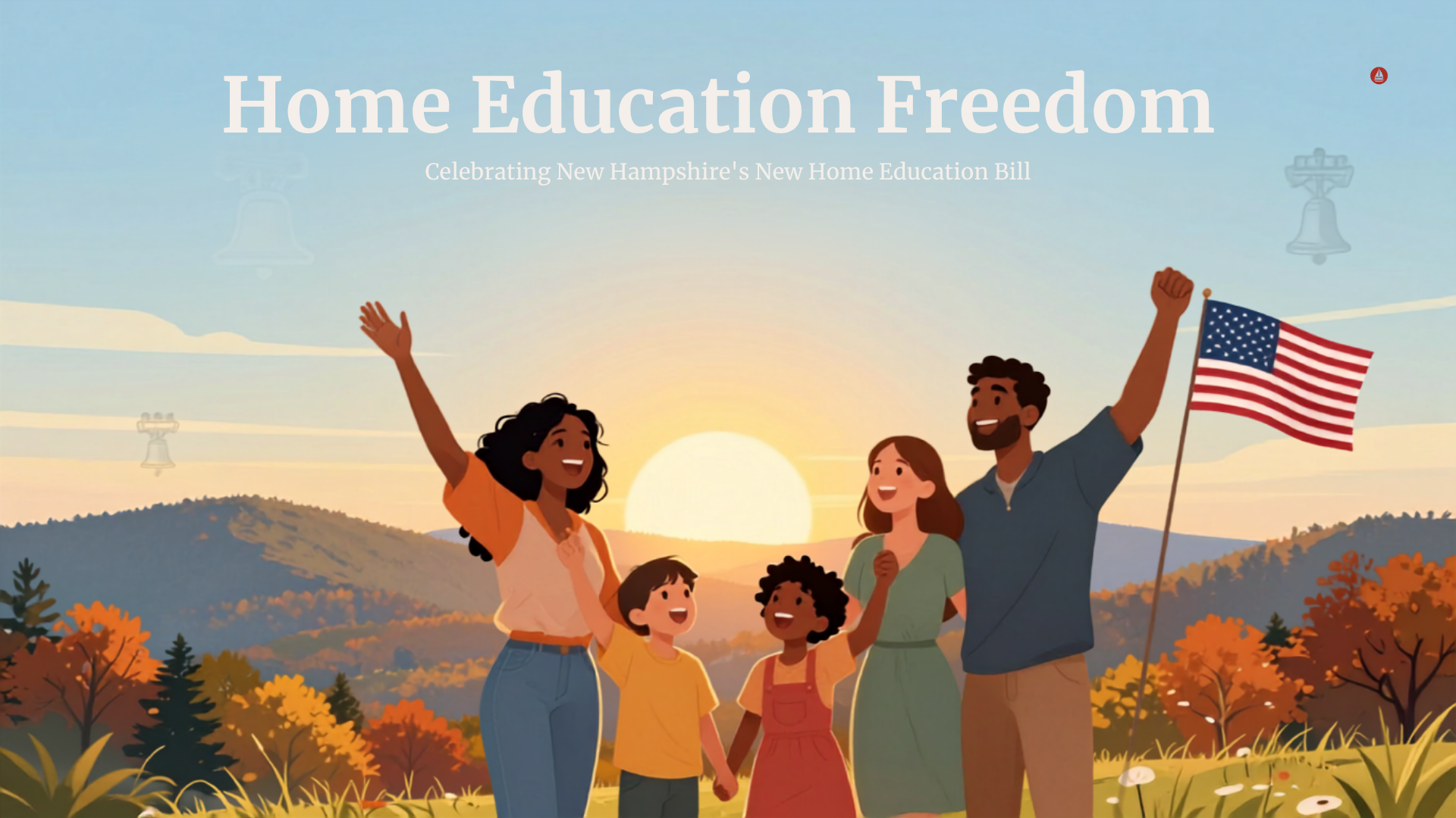 Joyful family of five celebrating outdoors in a New Hampshire autumn landscape at sunset. An American flag is nearby while the family raises their hands in celebration. Rolling hills with colorful fall foliage fill the background. The title 'Home Education Freedom' appears in cream text above the subtitle 'Celebrating New Hampshire's New Home Education Bill.' A small liberty bell accents the design.