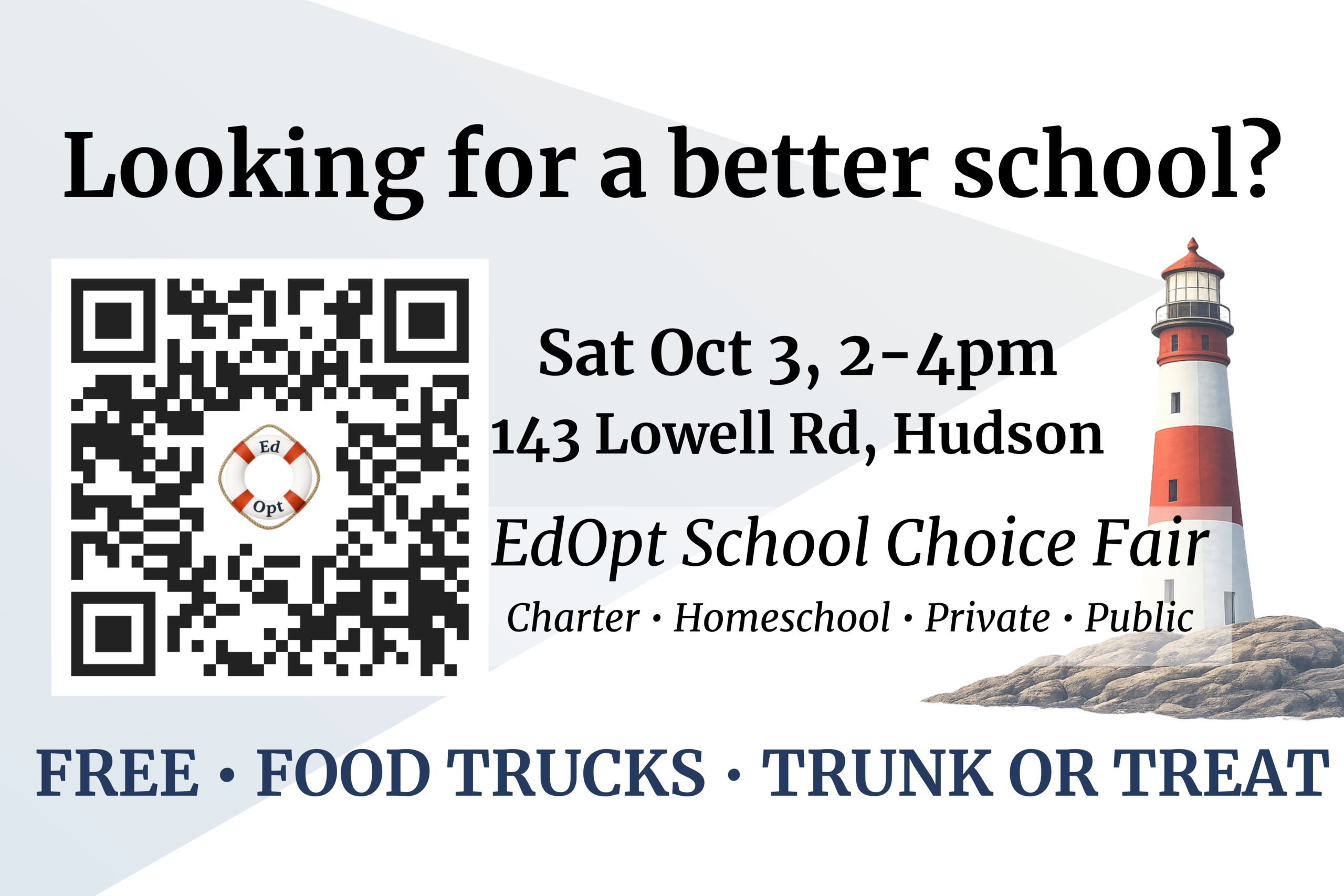 Flyer for the EdOpt School Choice Fair in Hudson. Free event. A QR code for details.