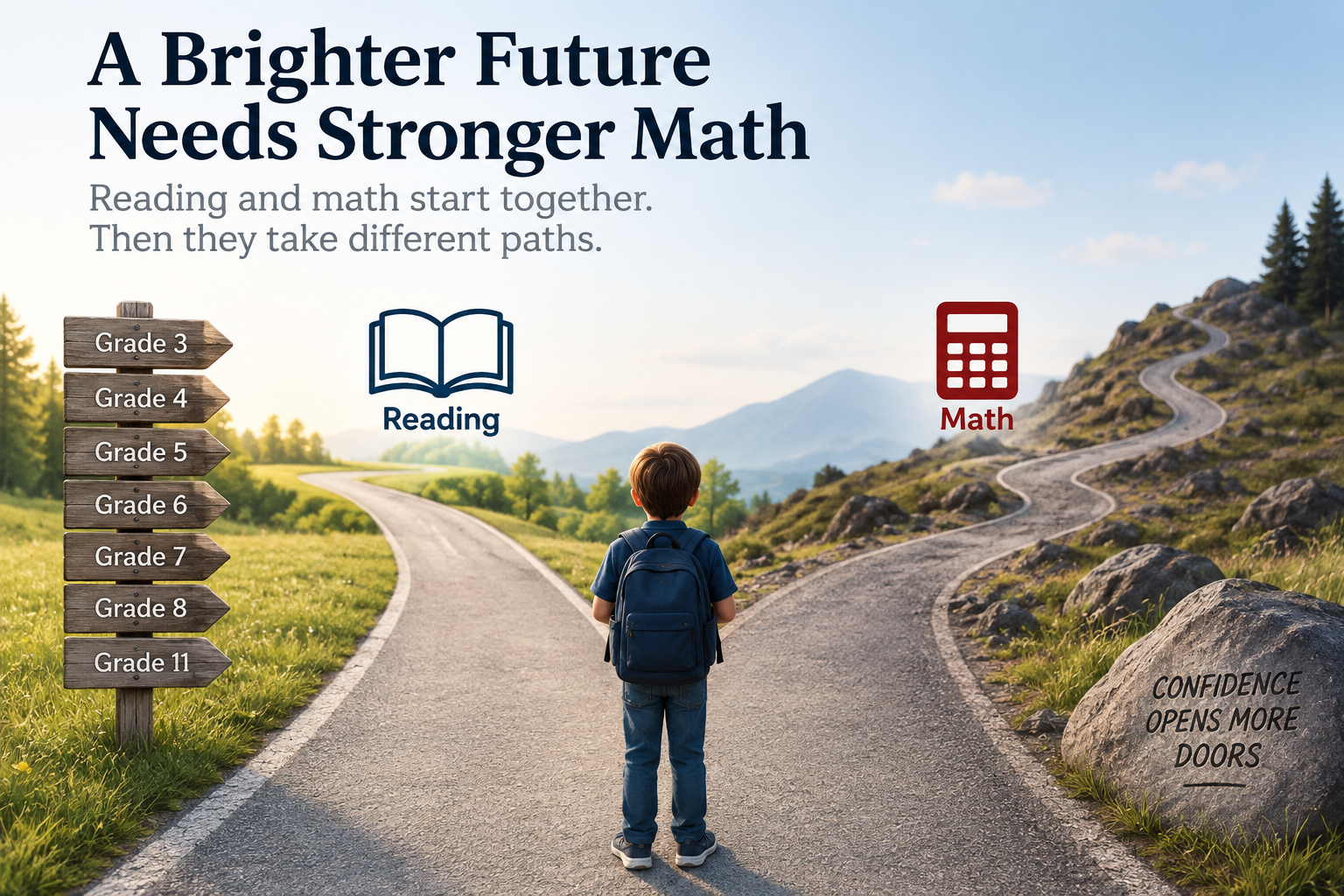 A child wearing a backpack stands at a fork in the road, with one path labeled Reading leading through a green landscape and the other labeled Math climbing a rocky hillside, symbolizing two diverging educational journeys.