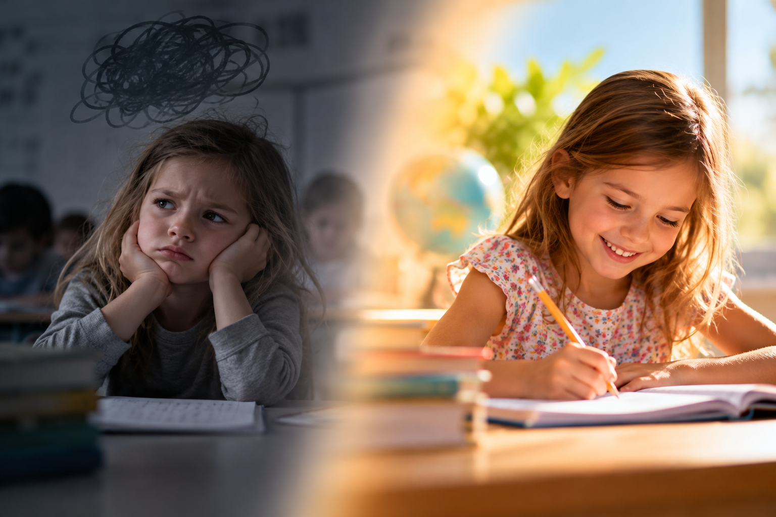 Young girl showing frustration in a darkened classroom; same girl in a bright classroom smiling while writing in a notebook.